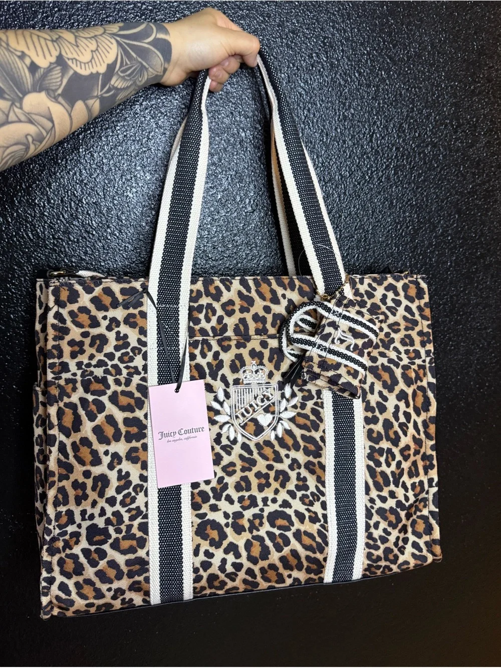 Juicy Couture Leopard-Print Tote with Black & Cream Striped Handles